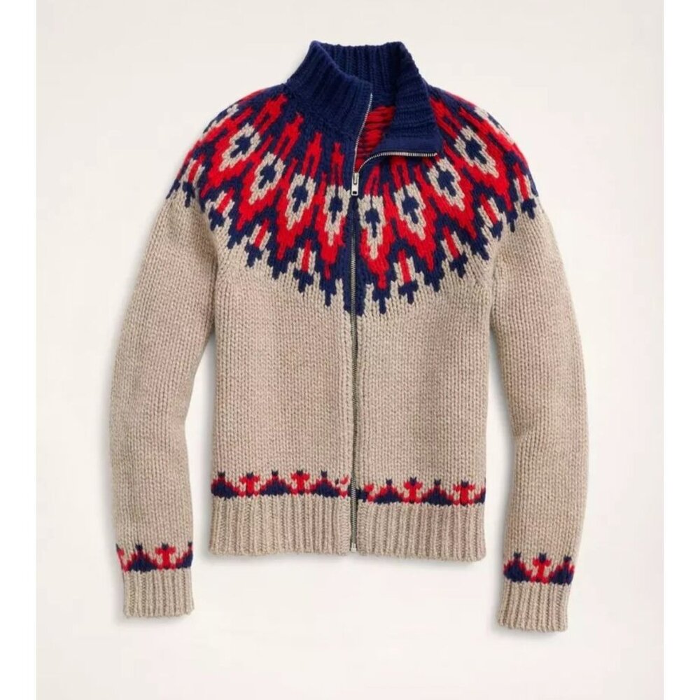 BROOOK BROTHERS Hand Knit Merino Wool Thick Fair Isle Full Zip Sweater XL $348